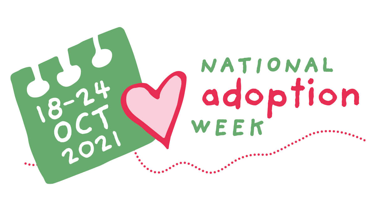 Green calendar page with a red heart next to it. Text reads National Adoption Week