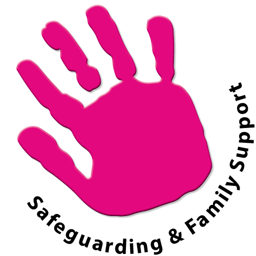 Pink hand with Safeguarding Family Support hand