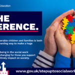 Step Up to Social Work advert containing a pari of hands holding a heart shape made out colourful children's toys