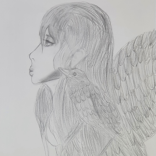 Artist's sketch of woman with wings.
