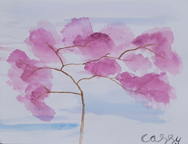 Watercolour painting of a tree with the leaves coloured purple.
