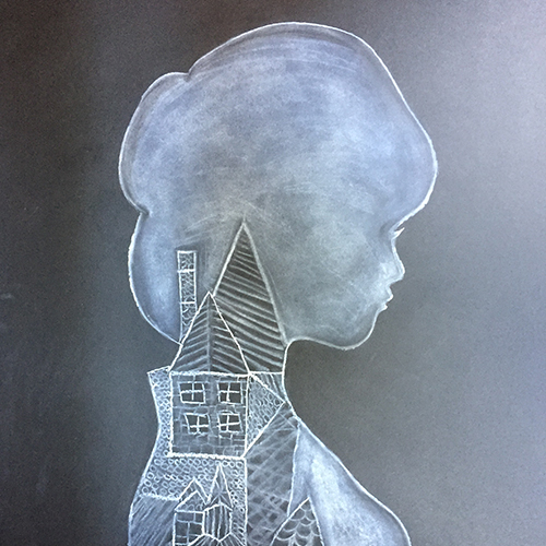 Artist's drawing of the silhouette of a woman with some buildings sketched within the silhouette.